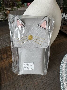 Gray Cat Face Crossbody Pouch with Pink Ear Accents